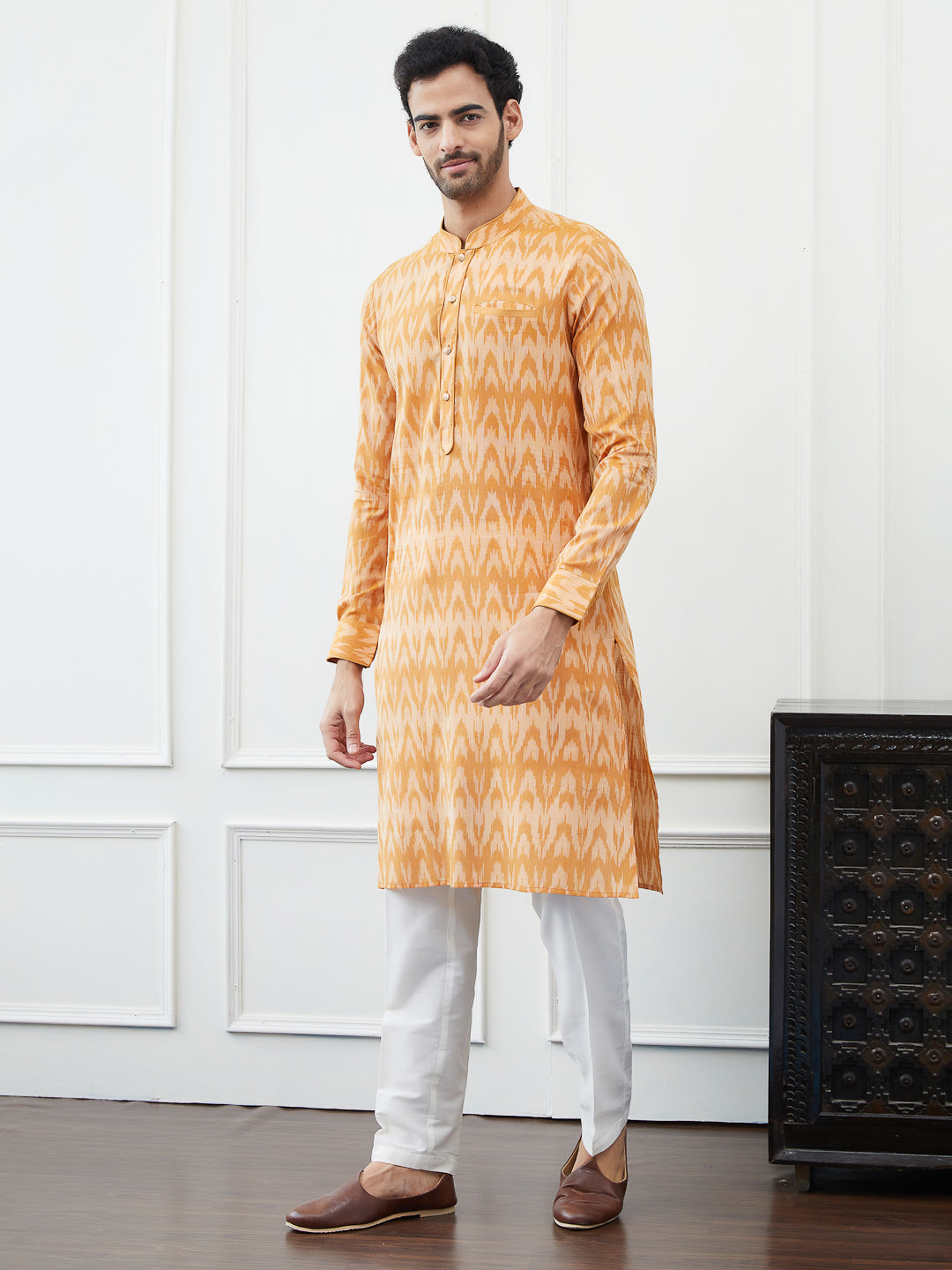 Riwaat.com Men Orange & Cream Printed Cotton Kurta Riwaat Printed