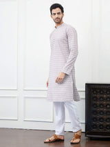 Men White and Bronze Pattern Chikankari Embroidered Cotton Kurta Set