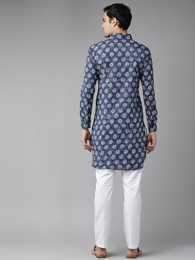 Men Indigo Regular Pure Cotton Pathani Printed Men's Kurta