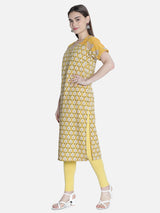 Women Mustard And Off White Printed Straight Cut Kurti