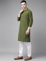 Men Green & Gold Stripe Printed Straight Kurta With Pyjama