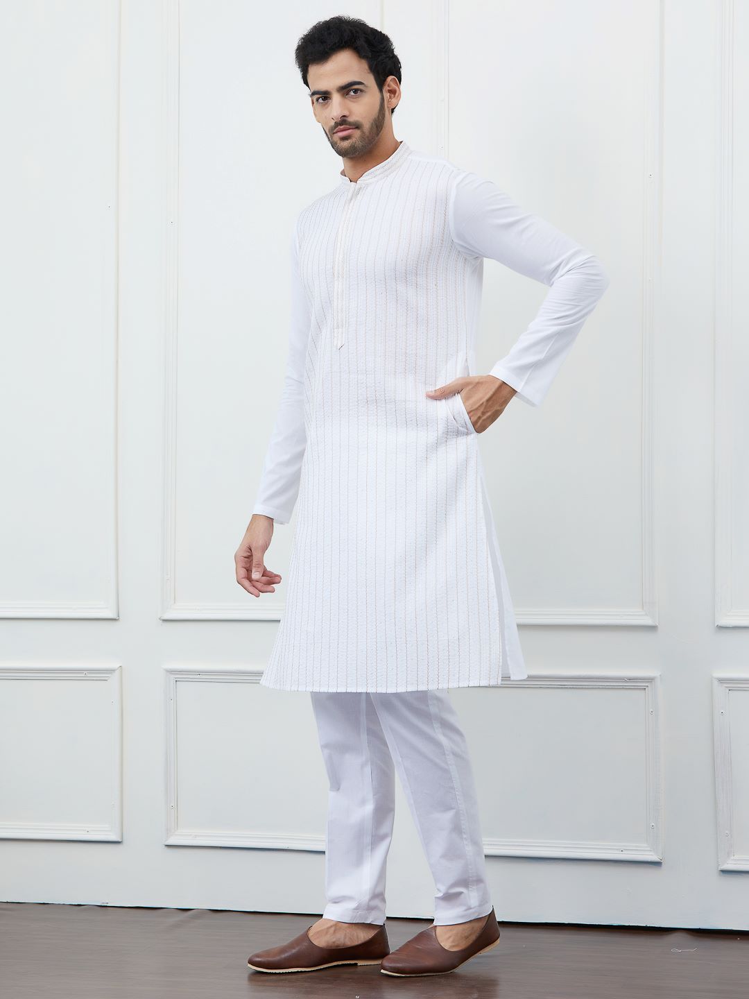 Classic White Cotton Gold Thread Work & Sequence Kurta