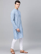 Men Blue & White Printed Straight Kurta