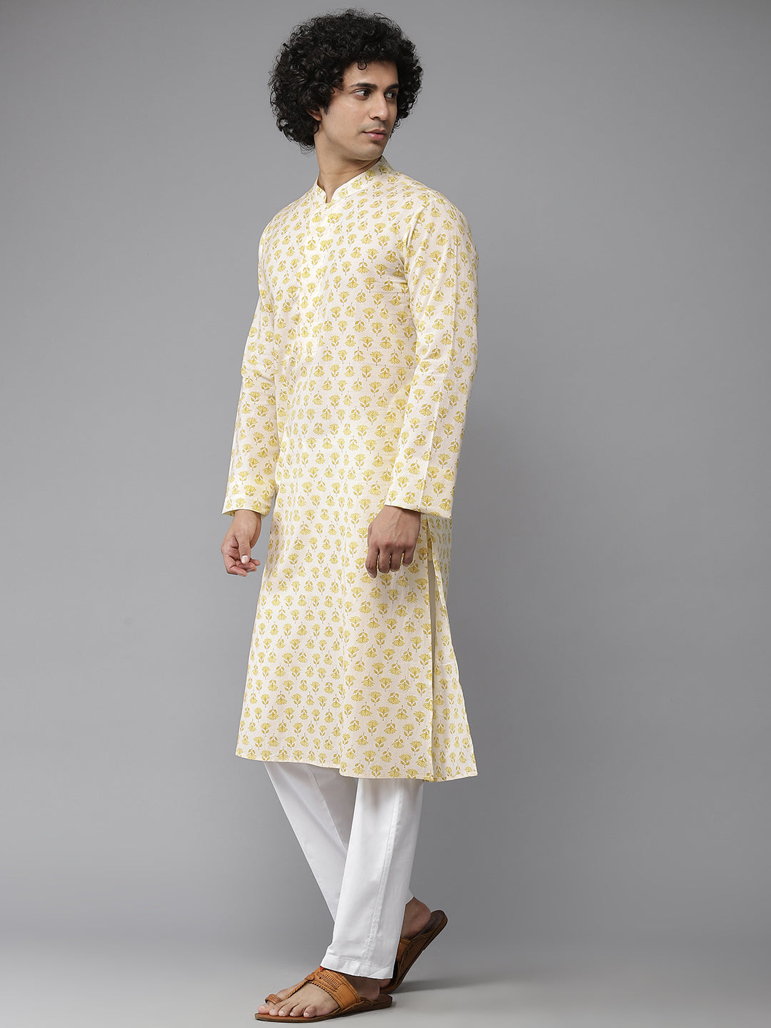 Men Cream with Yellow Floral Printed Kurta and Pajama