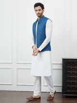 Men Blue Color Woven Design Embroidery With Sequence Cotton Nehru Jacket