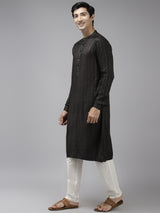 Men Olive & Beige Woven Design Thread Work Kurta