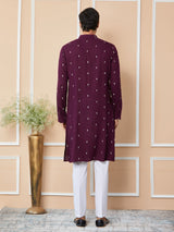 Purple Sequins Embroidered Rayon Straight Kurta with Yoke Design and Pyjama
