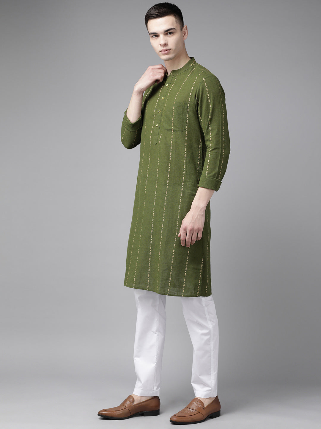 Men Green & Gold Stripe Printed Straight Kurta With Pajama