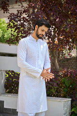 Men White Celestial Wave Chikankari Embroidered Straight Kurta