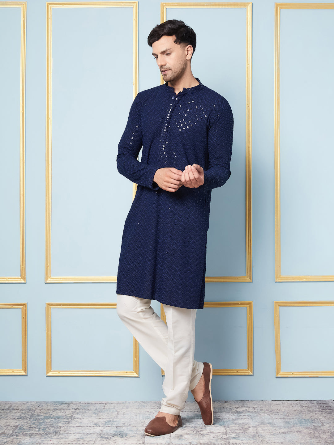 Men Navy Splendor Embroidered Sequined Rayon Kurta