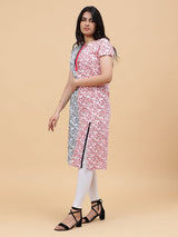 Women White with Navy Blue and Red Floral Pattern Printed Yoke Design Cotton Kurti