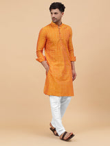 Men Orange and White Printed Kurta With pyjama