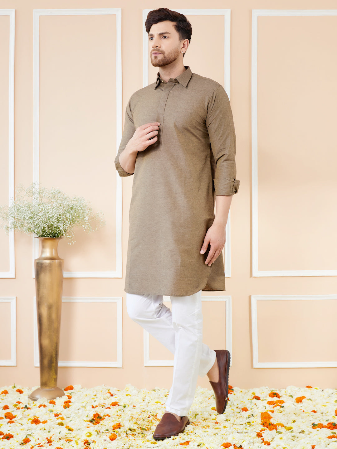 Men Brown Cotton Solid Pathani Kurta with Pyjama