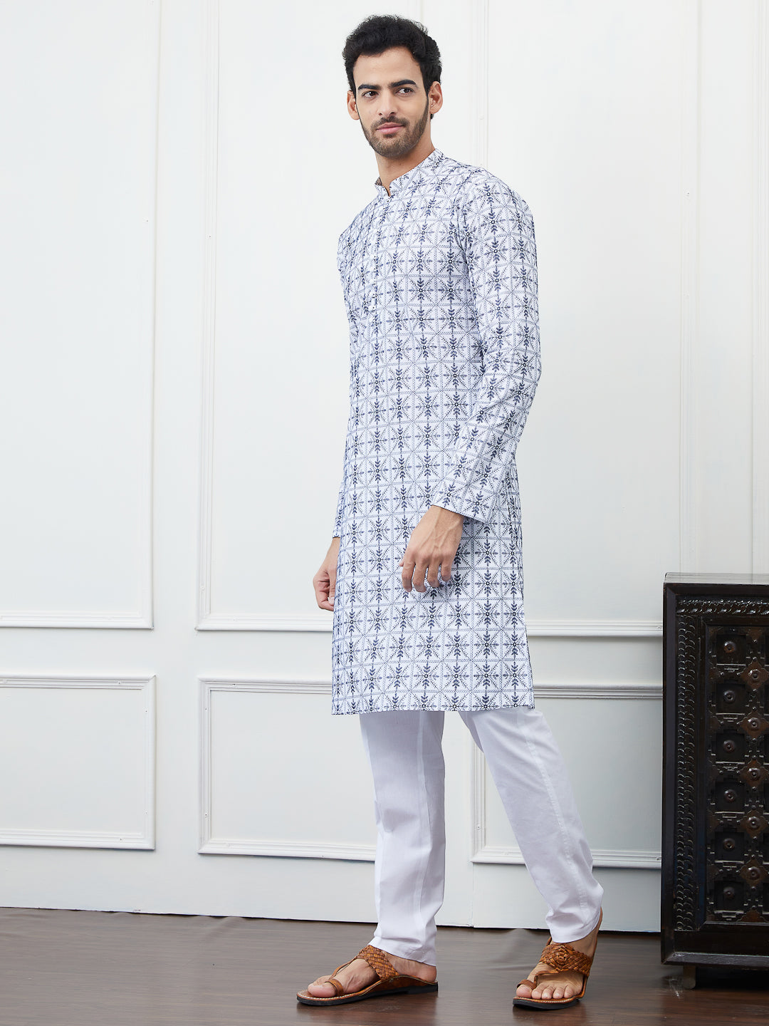 Men Cream And Blue Chikankari Embroidered Cotton Kurta Set
