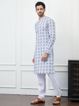 Men Cream And Blue Chikankari Embroidered Cotton Kurta Set