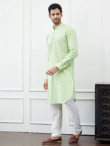 Men Light Green with Circular Pattern Embroidered Cotton Kurta Set