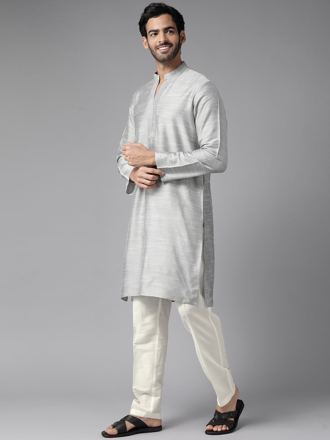 Men Grey Cotton Silk Straight Kurta