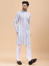 Men White & Grey Pure Cotton Embroidered Straight Kurta With pyjama