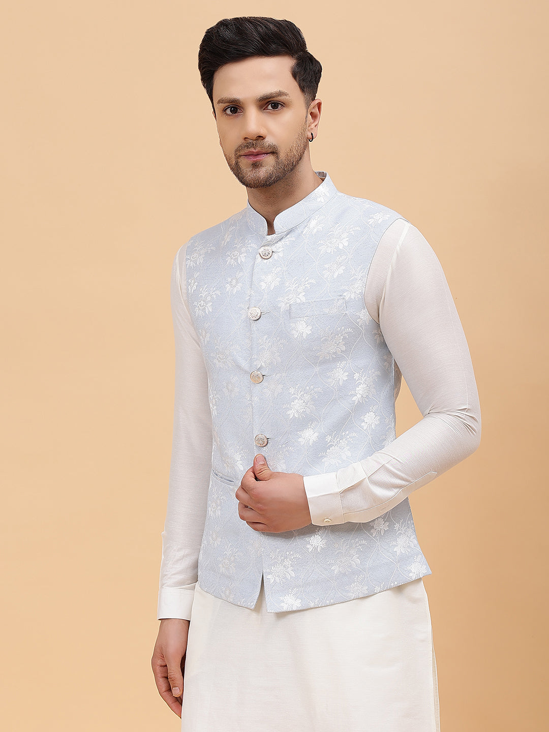 Riwaat.com Men Off White Kurta Pajama & Sky Blue Woven Design Jacquard Nehru jacket Riwaat Indo Western