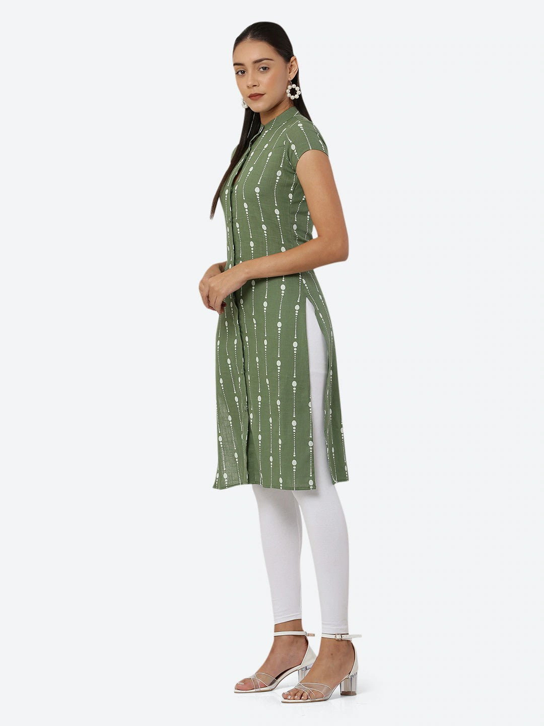 Women Green & White Khari Print Straight Kurti