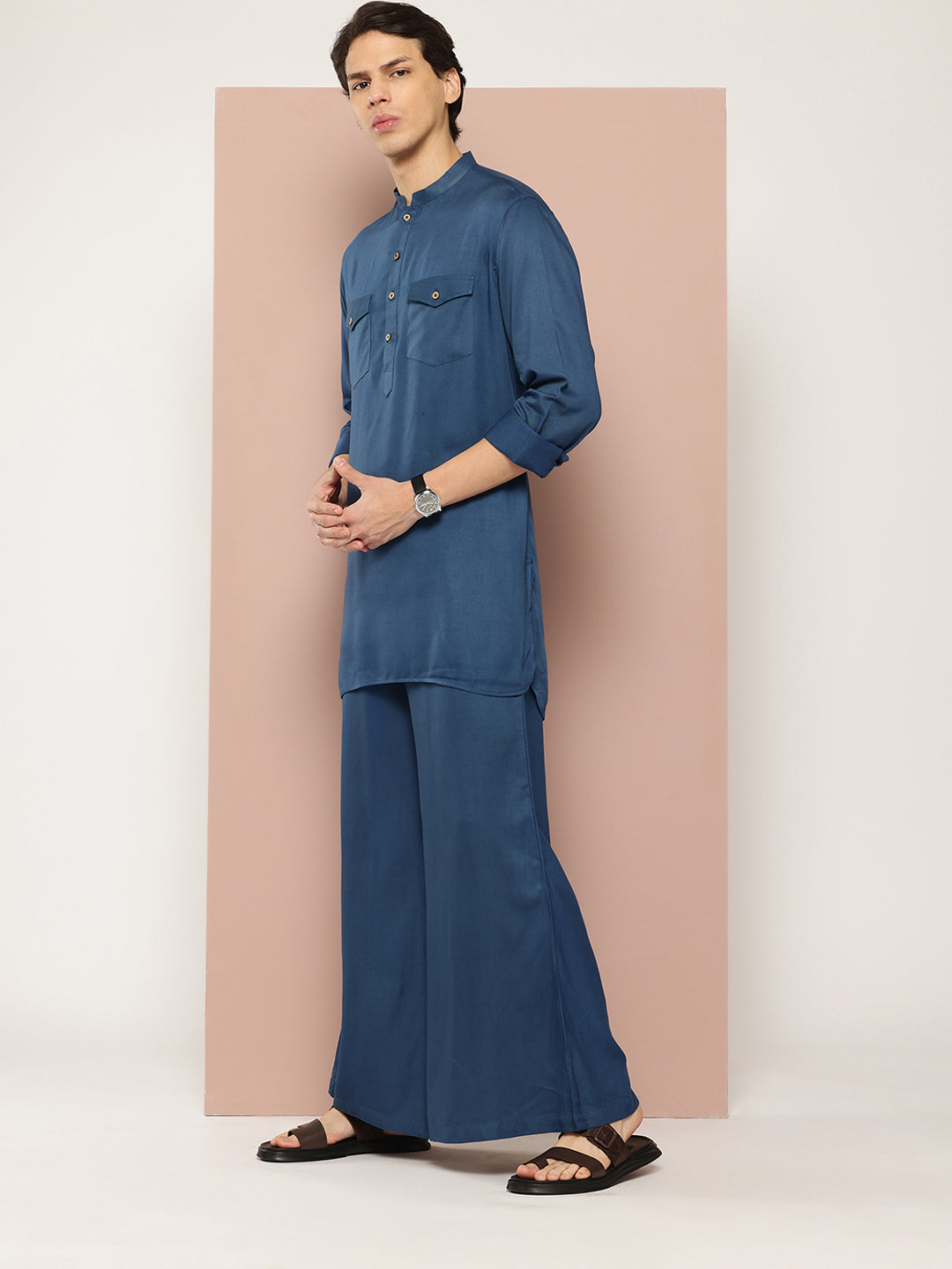 Men Teal Rayon Solid Pathani Sets