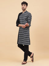 Men White And Black Ikat Printed Kurta