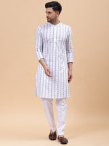 Men White & Blue Pure Cotton Embroidered Straight Kurta
