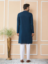 Dark Blue Thread & Sequins Worked Pure Cotton Straight Kurta with Pyjama