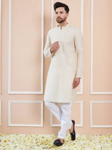 Men Almond Cream Cotton Straight Kurta