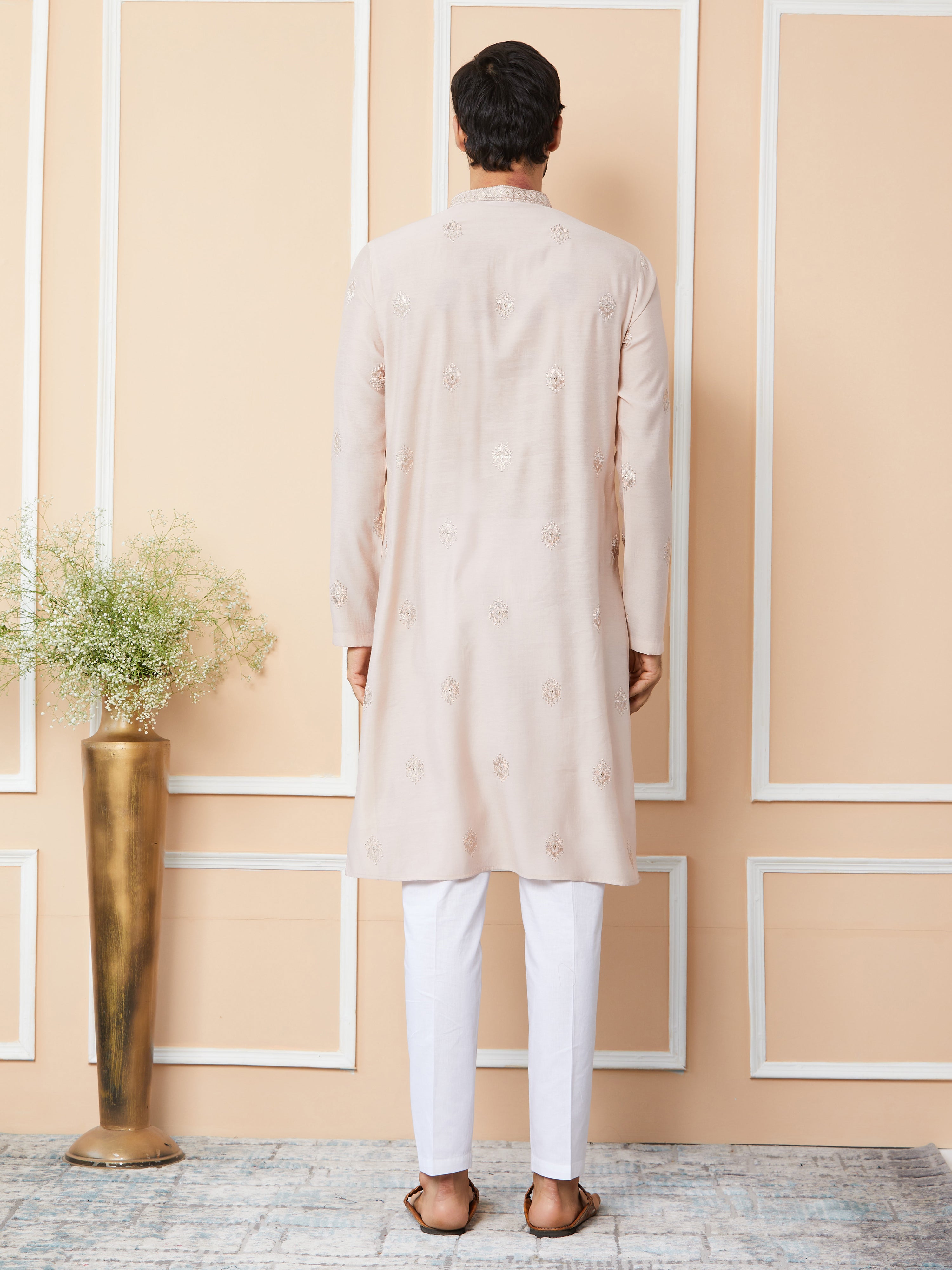 Light Classic Rose Embroidered Pure Chanderi Silk Straight Kurta with Pyjama