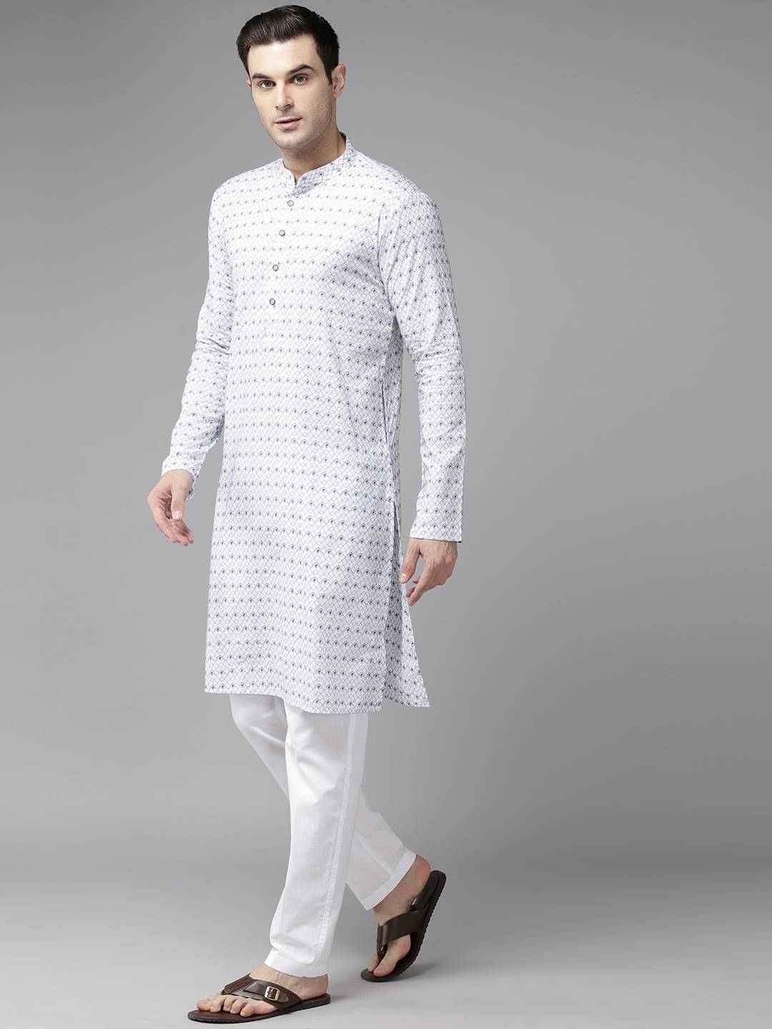 Men Ivory White with Sky Blue Pattern Pure Cotton Embroidered Straight Kurta With Pajama