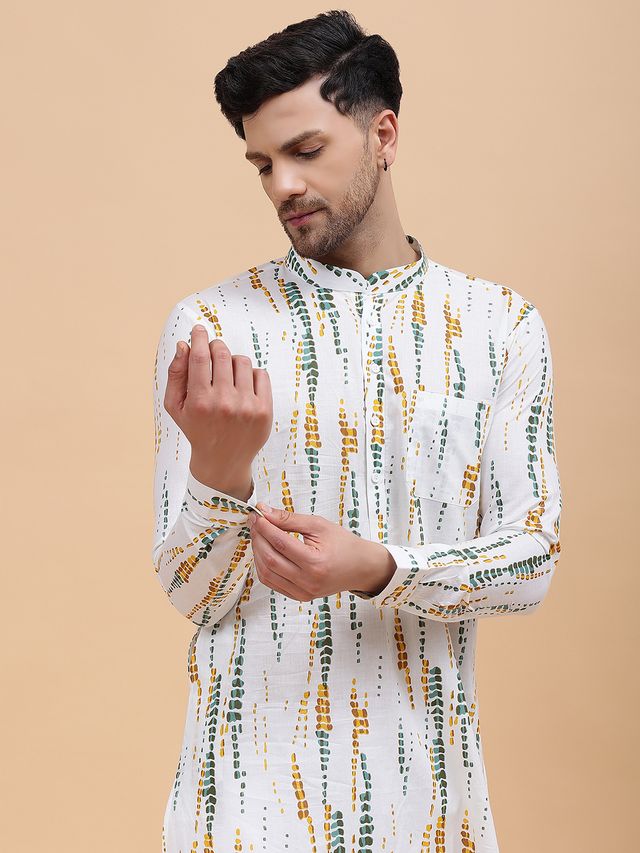 Men White & Mustard Pure Cotton Printed Straight Kurta With pyjama