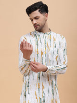 Men White & Mustard Pure Cotton Printed Straight Kurta With pyjama
