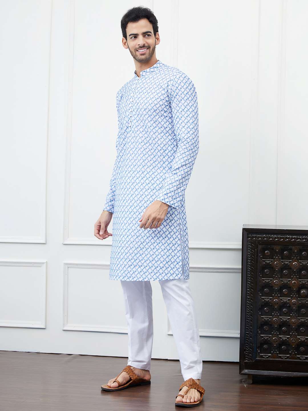 Men White with Blue Mesh Pattern Chikankari Embroidered Cotton Kurta Set