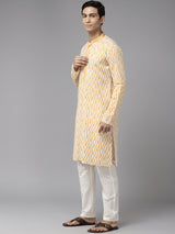 Men White & Mustard Pure Cotton Embroidered Straight Kurta