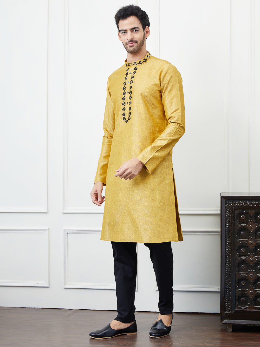 Riwaat.com Men Mustard & Black Embroidery Cotton Kurta Riwaat Embroidered Haldi