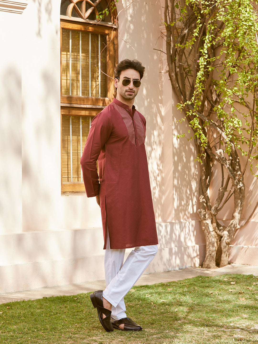 Men Maroon Cotton Silk Pintex Yoke Design Kurta