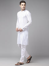 Men White with Blue Striped Pattern Pure Cotton Embroidered Straight Kurta With Pajama