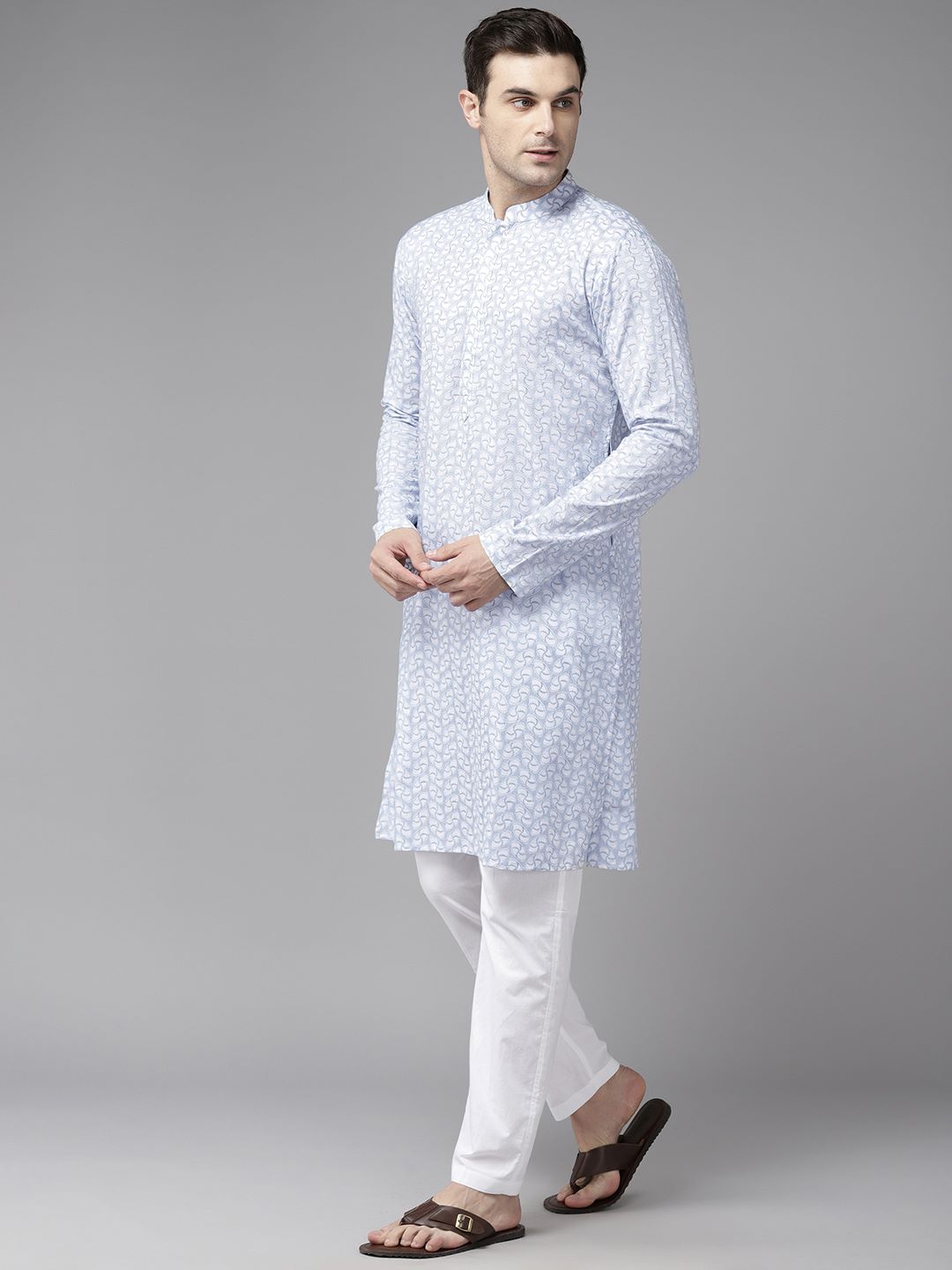 Men Light Blue with White Pattern Pure Cotton Embroidered Straight Kurta With Pajama