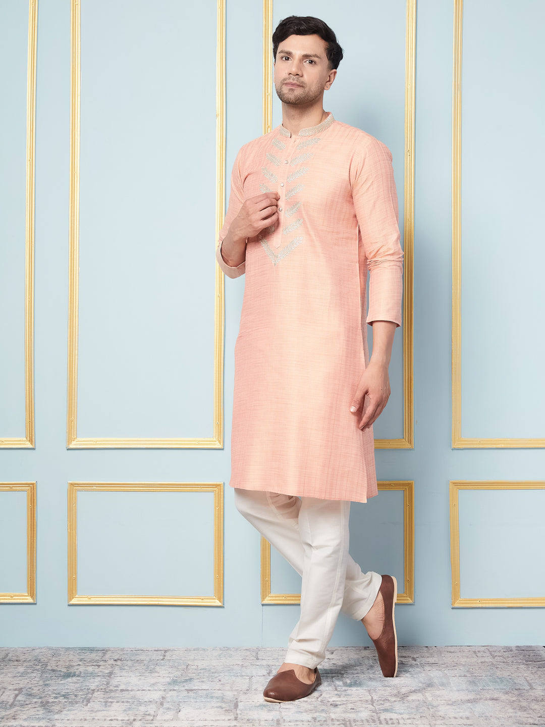 Riwaat.com Men Peach Embroidery Cotton Kurta Riwaat Embroidered