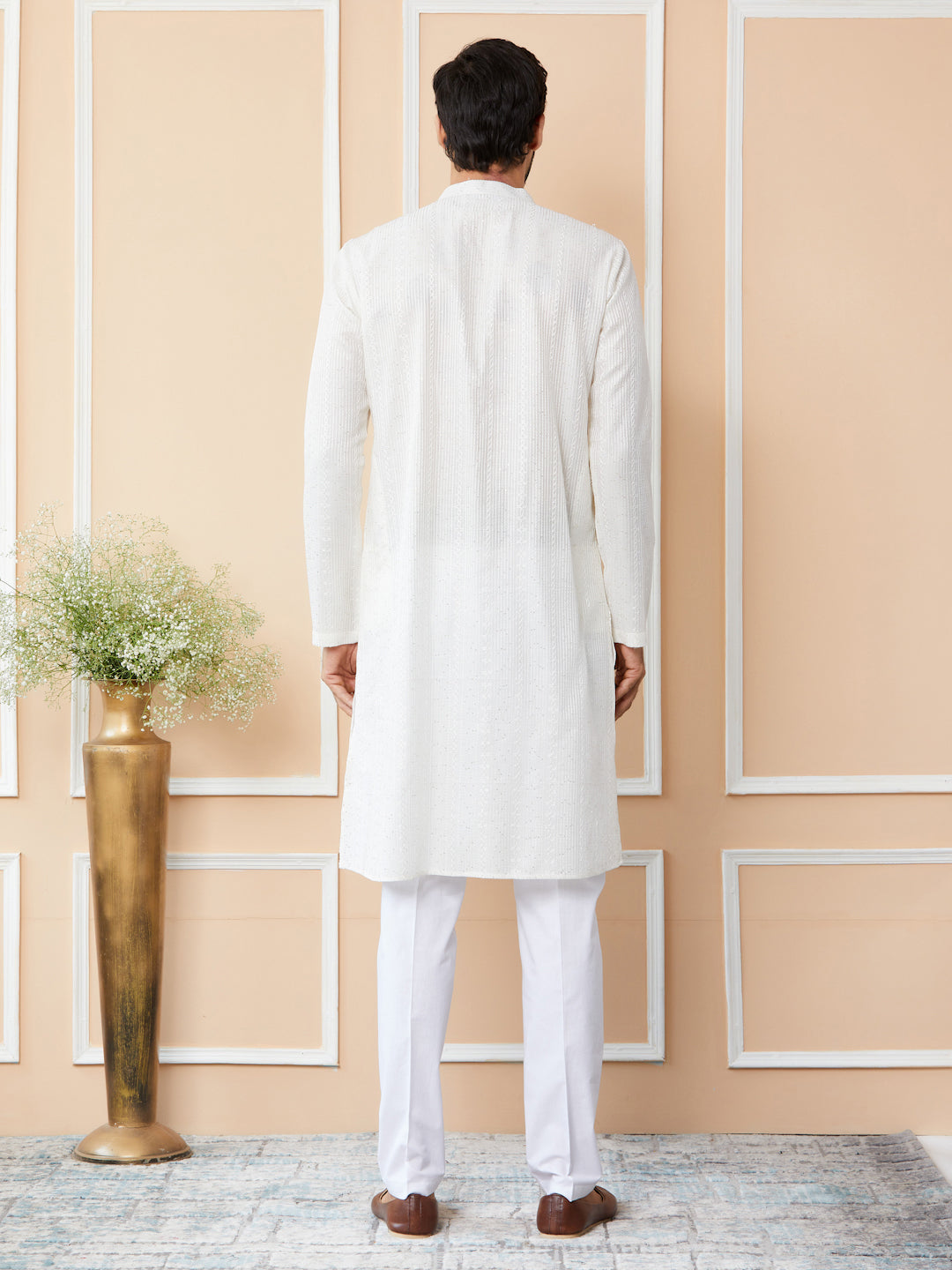 Off White Embroidered Thread Work Sequinsed Chanderi Silk Straight Kurta with Pyjama