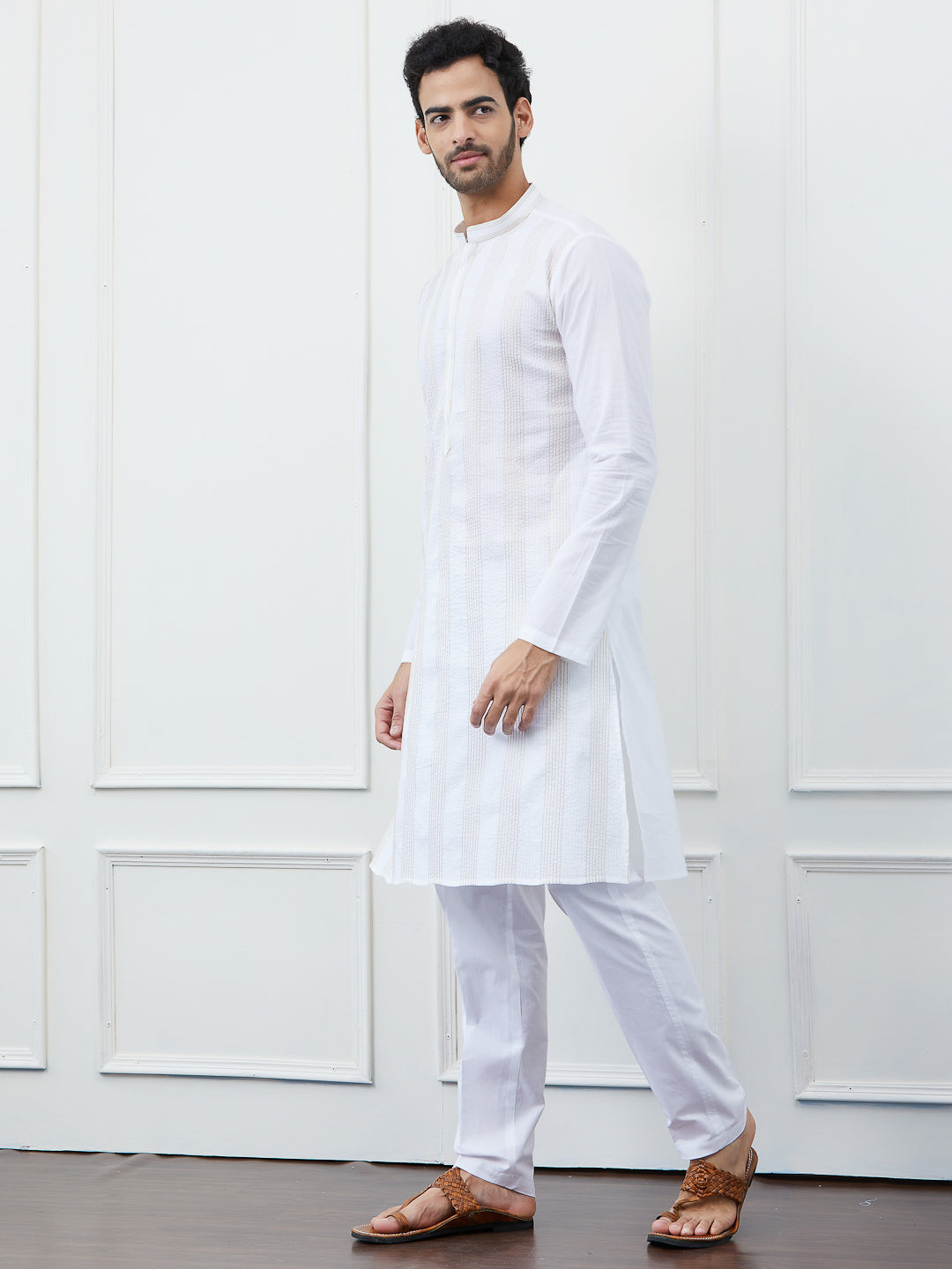 Men White Cotton Gold Thread Work Kurta With Pyjama