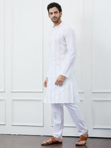 Men White Cotton Gold Thread Work Kurta With Pyjama