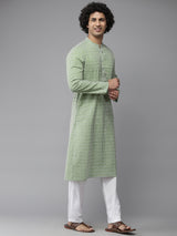 Men Sage Green & White Printed Pure Cotton Straight Kurta With Pajama