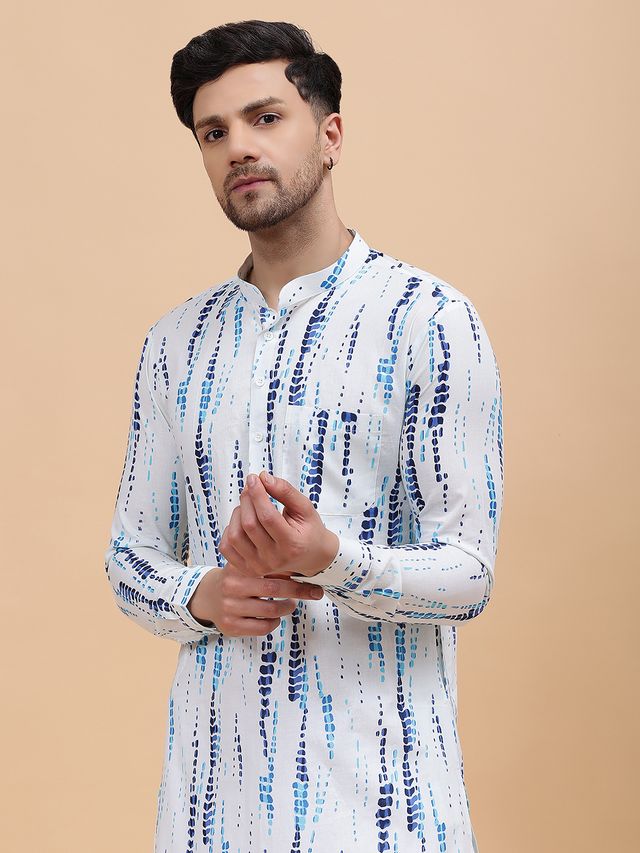 Men White & Blue Pure Cotton Printed Straight Kurta With pyjama