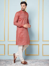 Men Red & Gold Woven Design Thread Work Kurta With Pajama