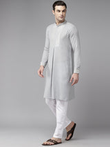 Men Grey Zari Work Silk Woven Design Straight Kurta With Pajama