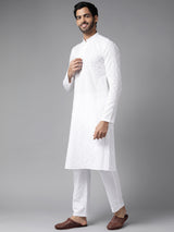 Men Pristine White Chikankari Embroidered Straight Kurta With Pajama