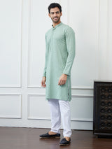 Men Pista Green Floral Embroidered Sequined Rayon Kurta & White Pajama