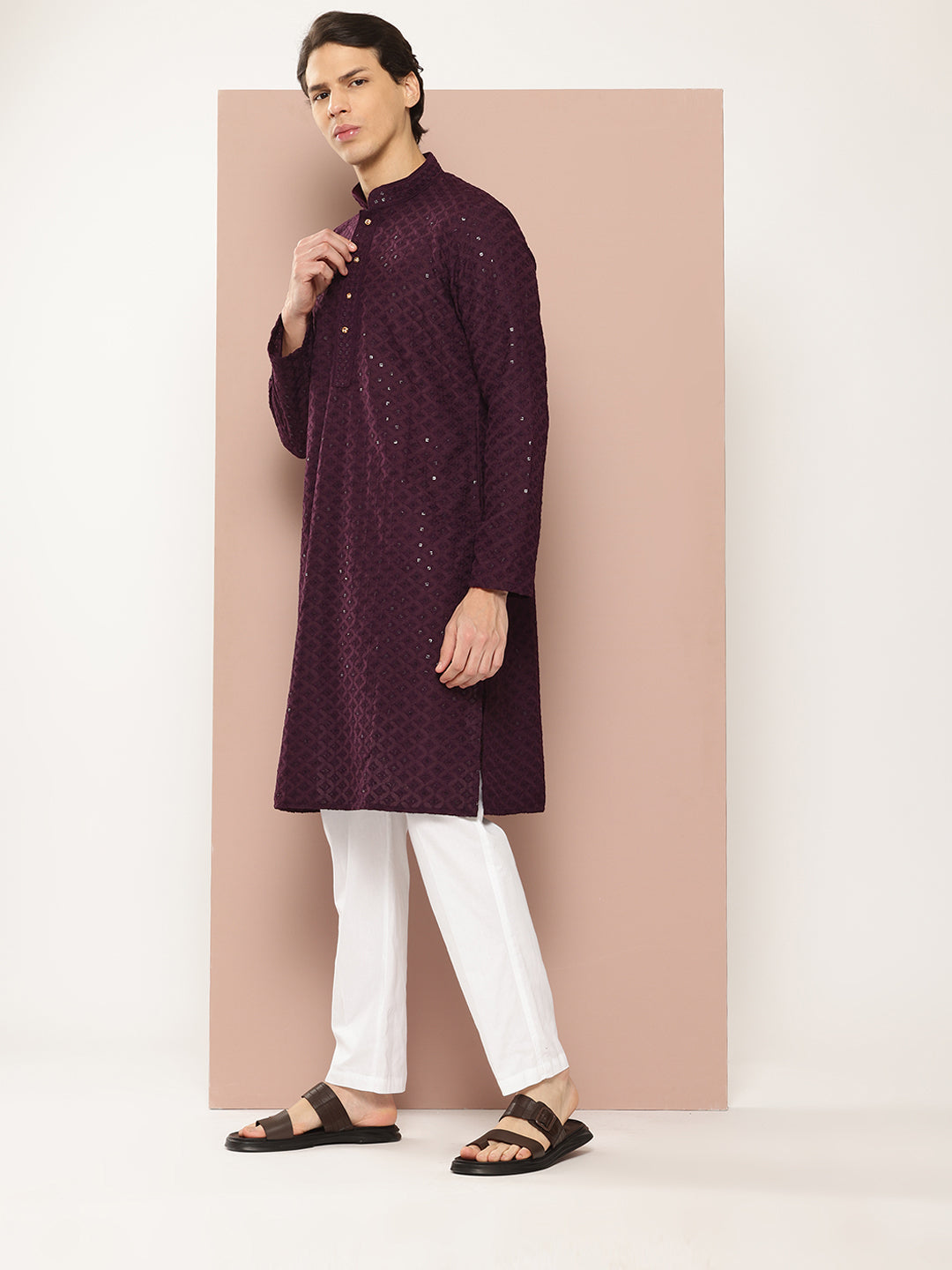 Men Purple  Embroidered Sequin Rayon Kurta